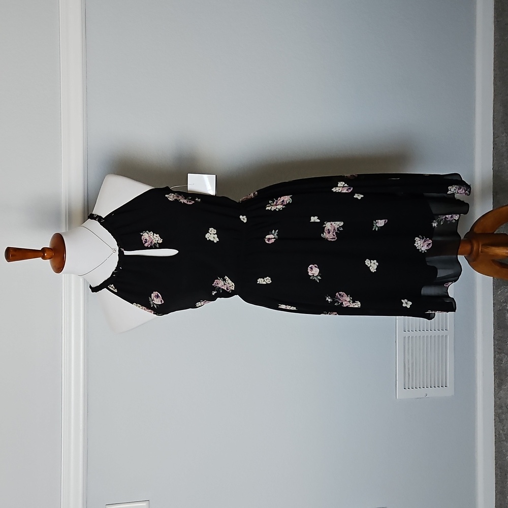 Apricot High Neck Halter Smocked Waist Floral Print Skater Dress XS Black New